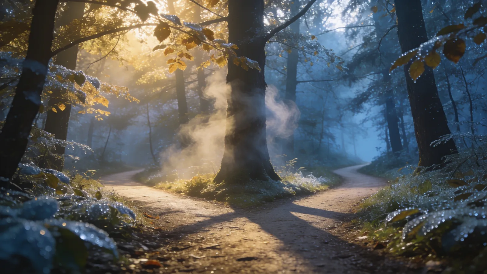 A trail forking into two paths in a misty forest at dawn