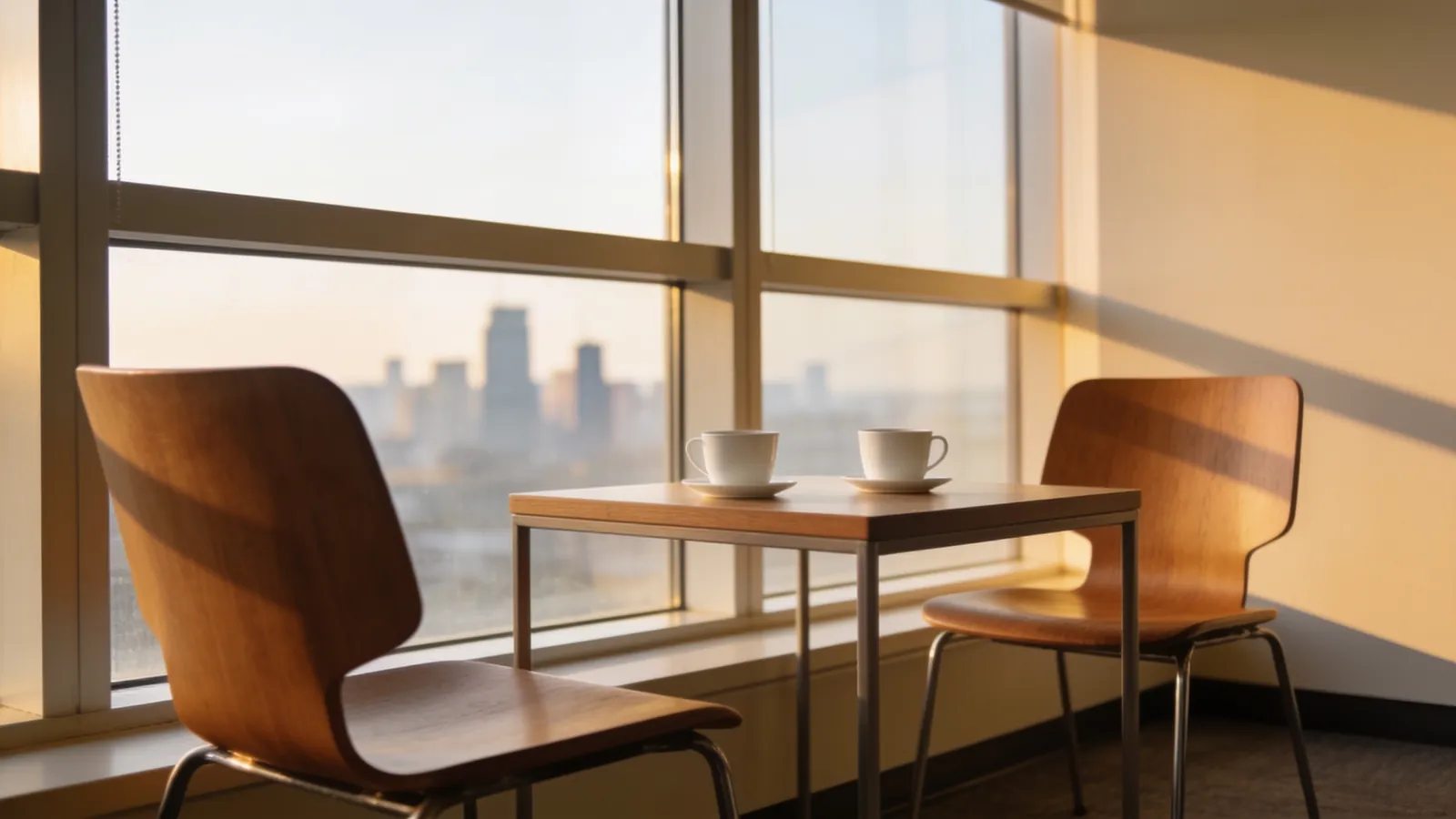 Two chairs and a small table with two coffee cups next to a large office window in morning light