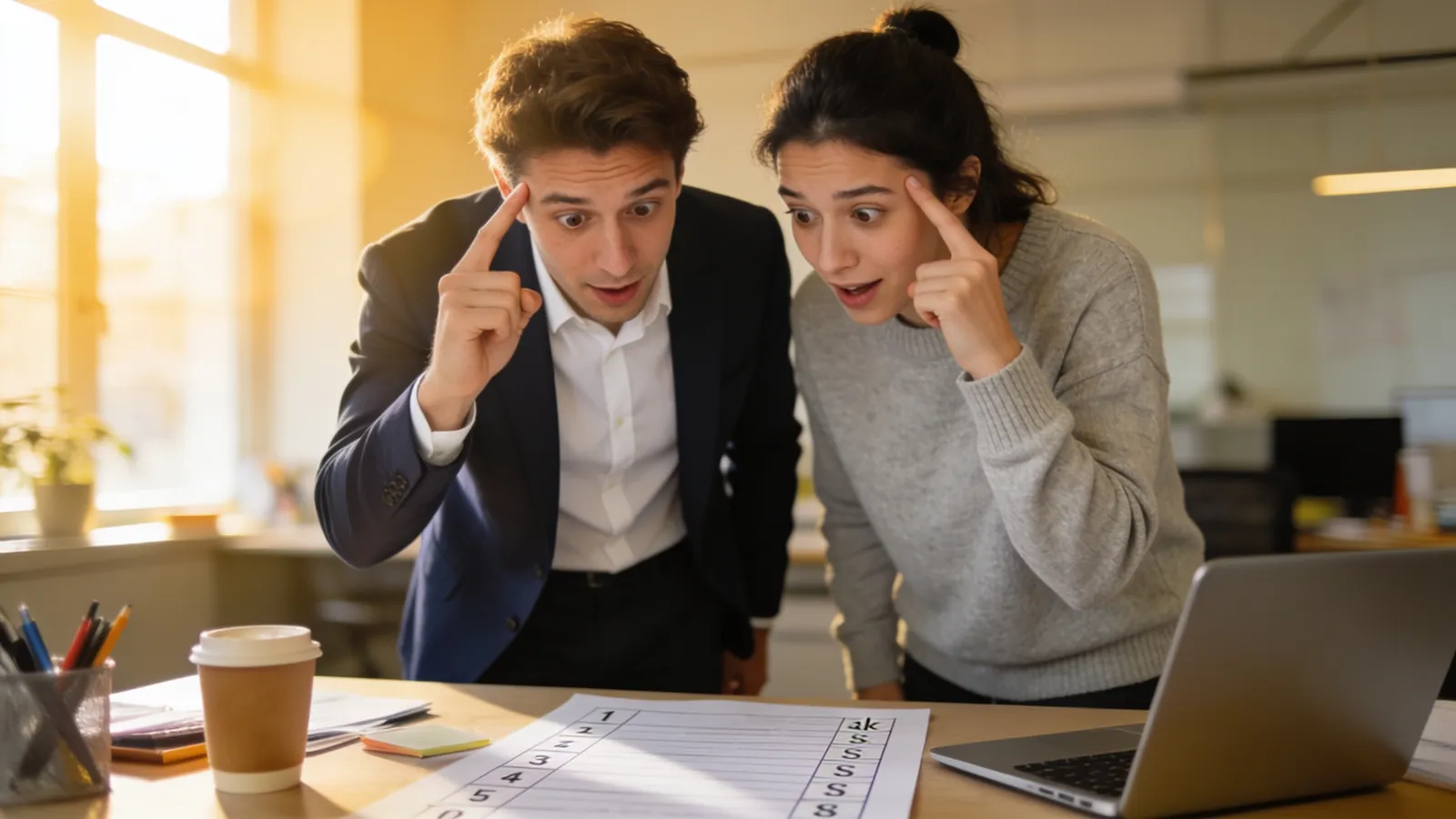 Two colleagues in an office each pointing at the other with puzzled, amused faces over a task list on a desk
