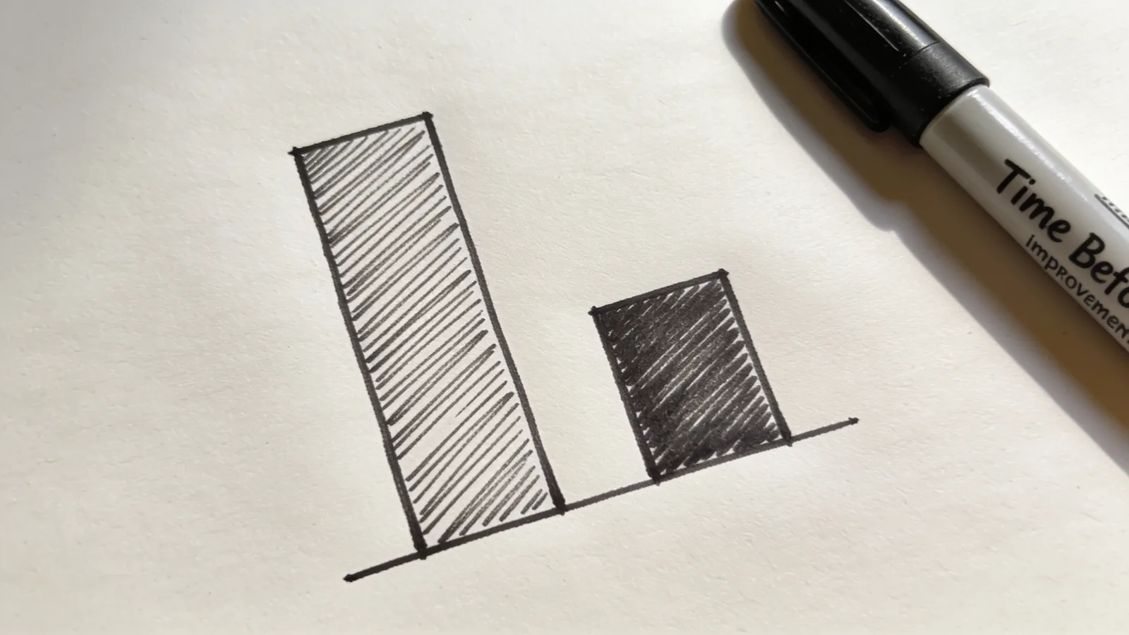 Two hand-drawn bars on paper, a tall one and a short one, showing time before and after an improvement
