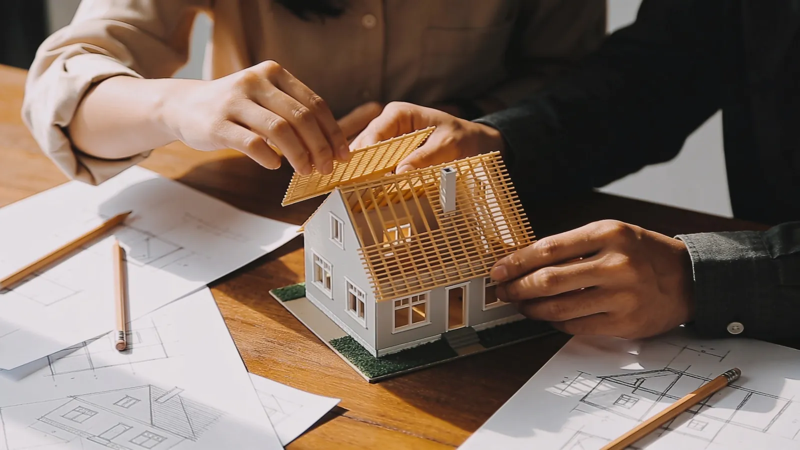 Two people at a table adjusting a small scale model of a house, loose pencil sketches spread around it