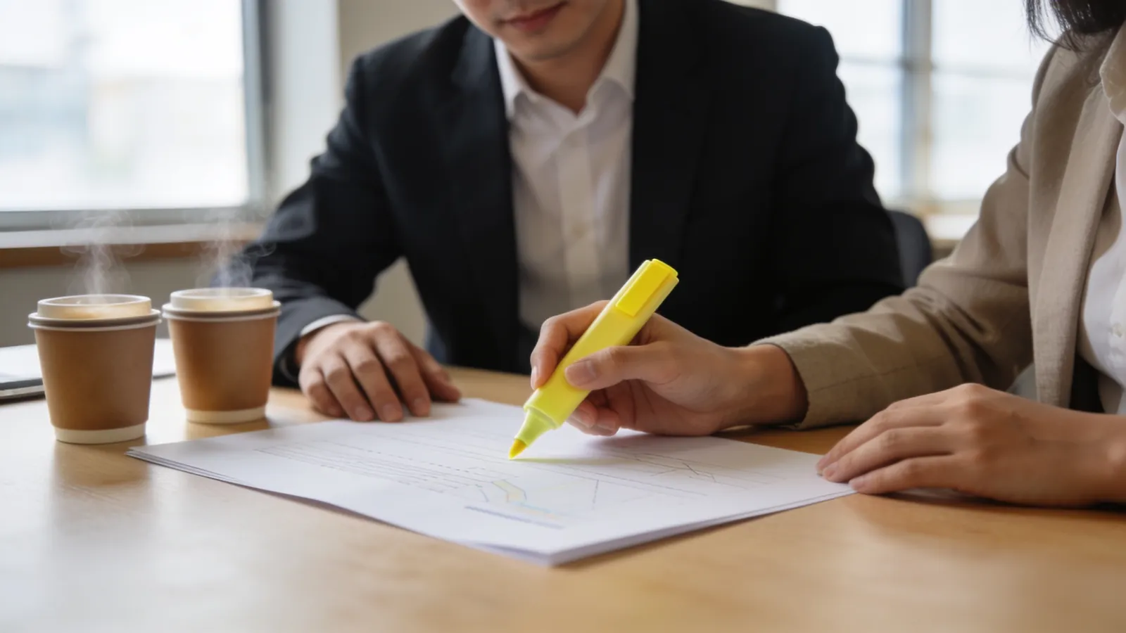 A project manager and a sponsor reviewing a single printed page together at a desk in a bright office, one of them holding a highlighter