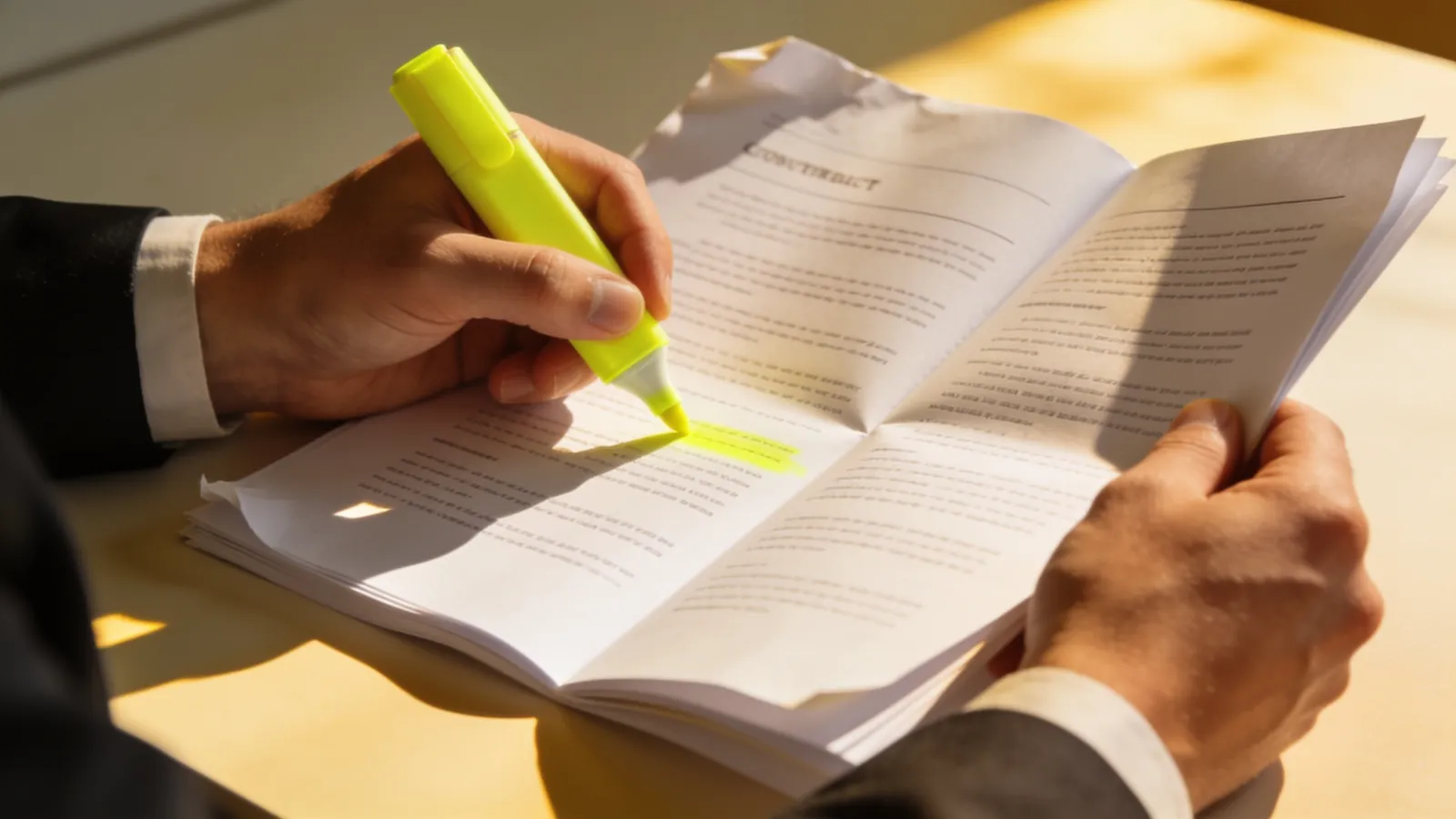 Two professionals reviewing a printed contract with a yellow highlighter in a bright office