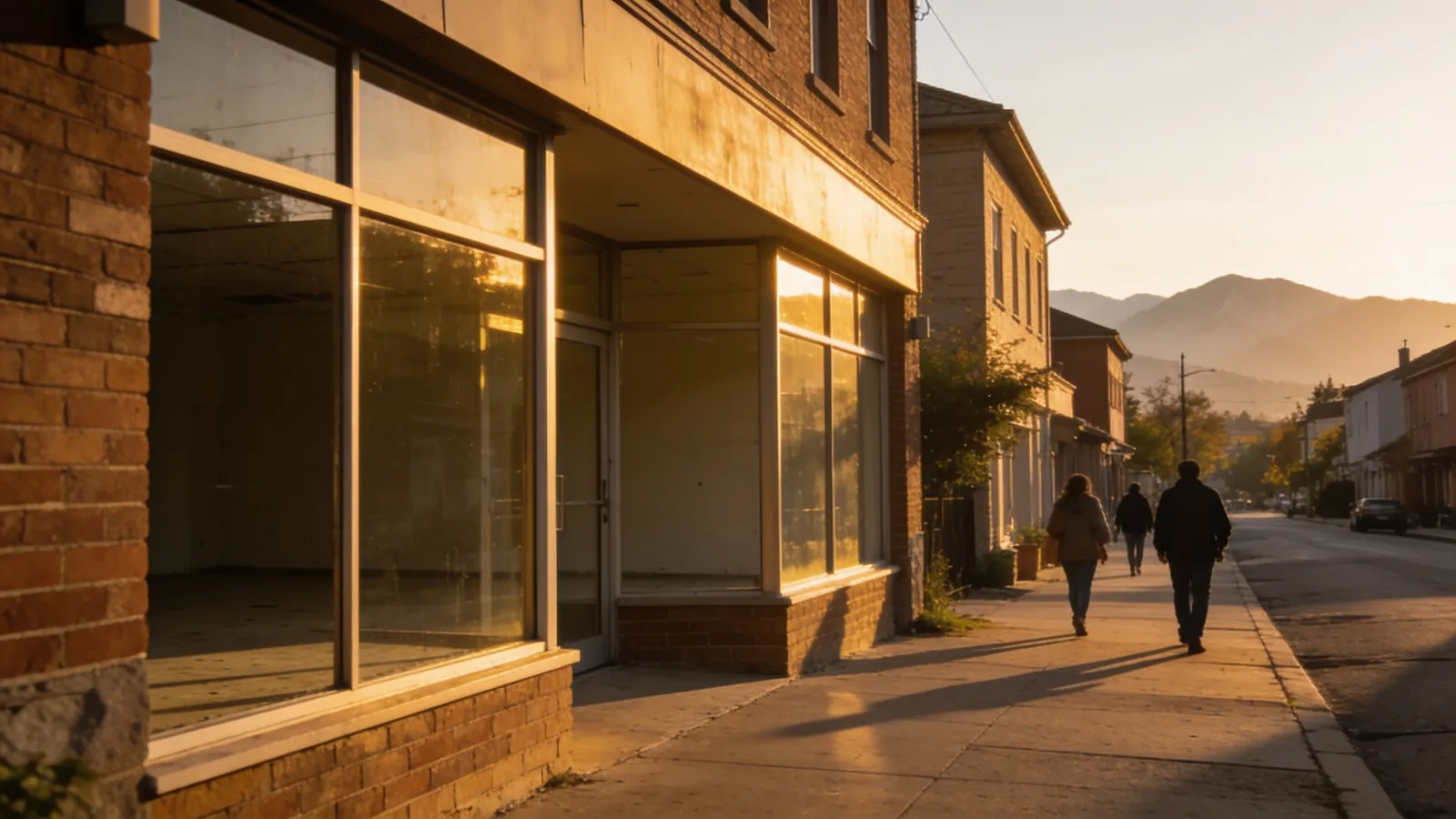 A vacant ground-floor commercial suite with large empty windows on a quiet neighborhood street, a few people walking by in golden evening light