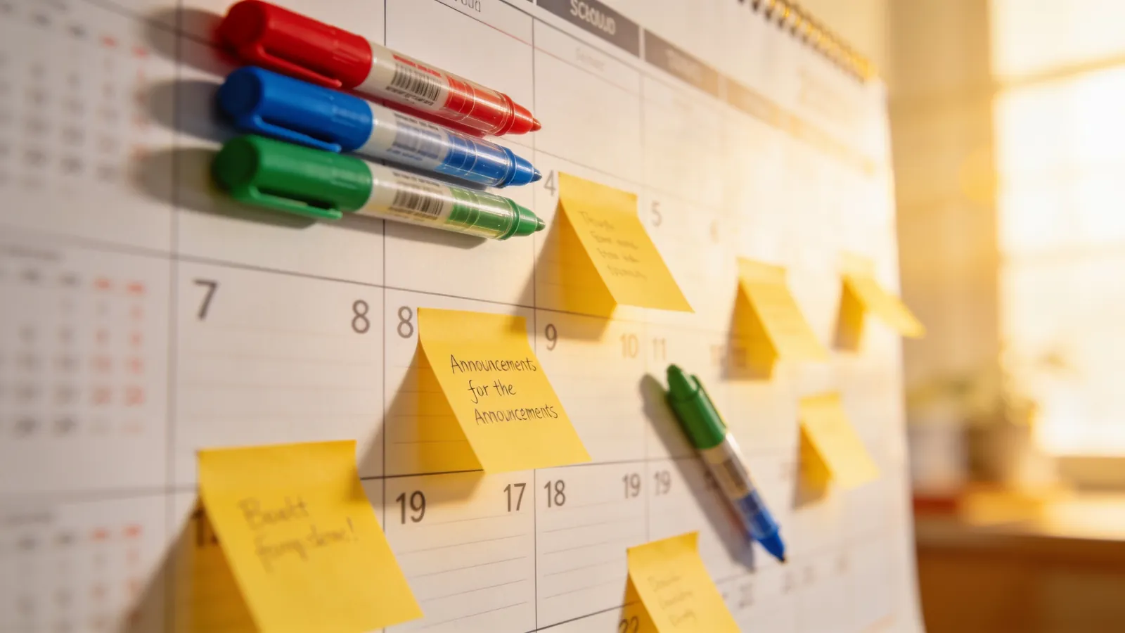A wall calendar with colored markers and sticky notes marking a schedule of announcements