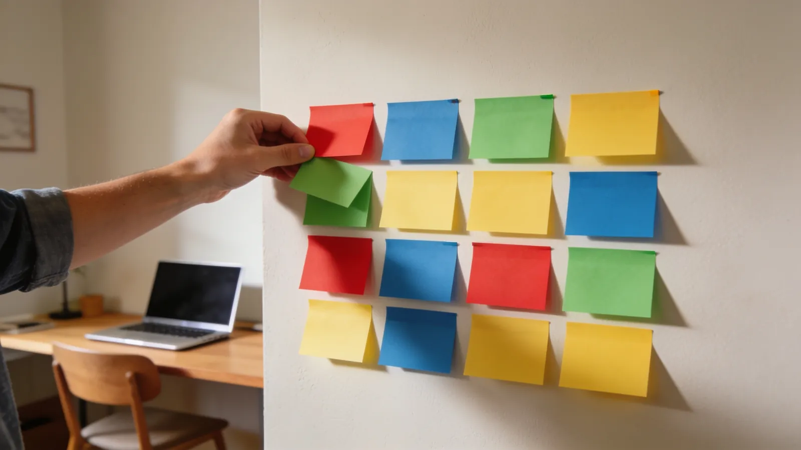 A person placing the last colorful sticky note on a plain wall in a neat grid of four rows, a home office behind