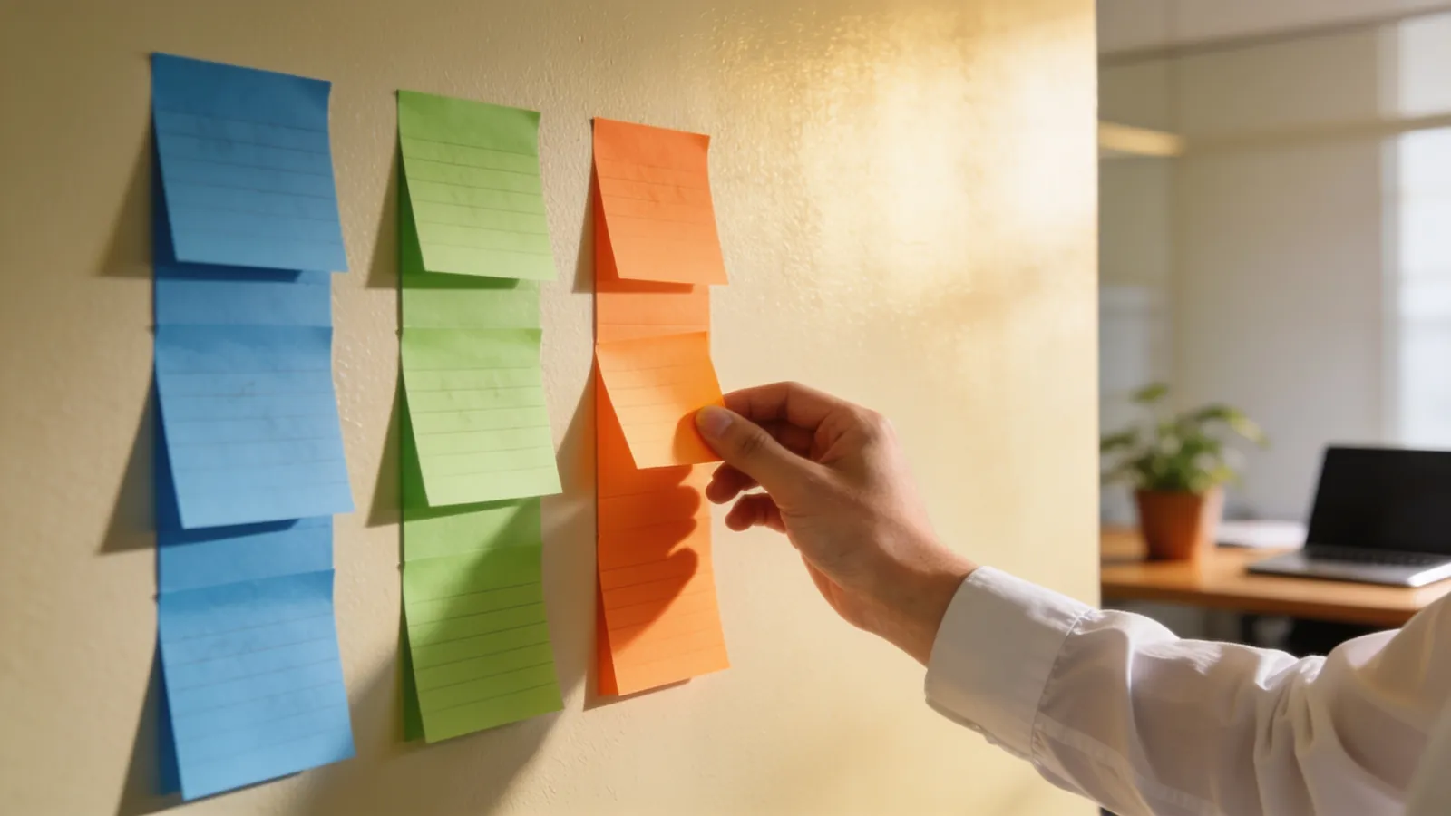 A bright office wall with three columns of sticky notes in different colors representing three phases of a plan, a person adding one more note