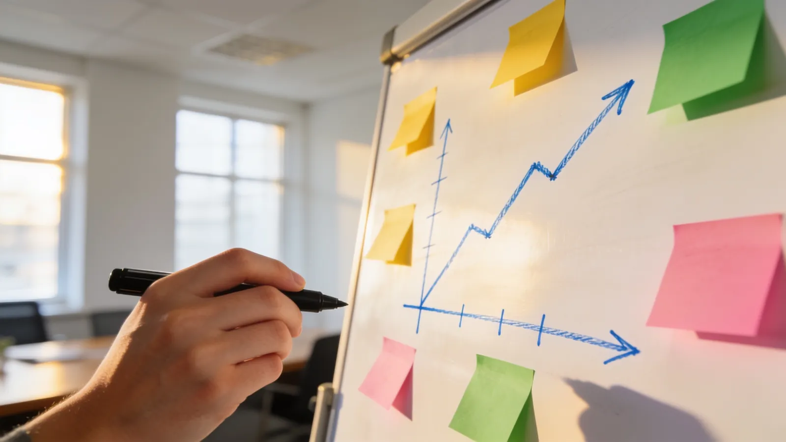 A whiteboard with a hand-drawn rising line chart and colored sticky notes in a bright meeting room