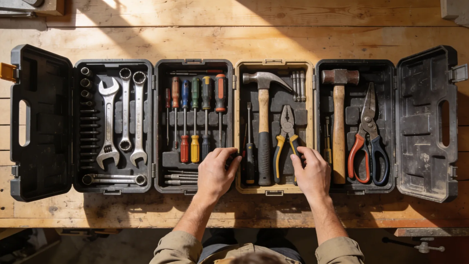A wooden workshop bench with four open toolboxes, each holding different tools, and a person choosing one