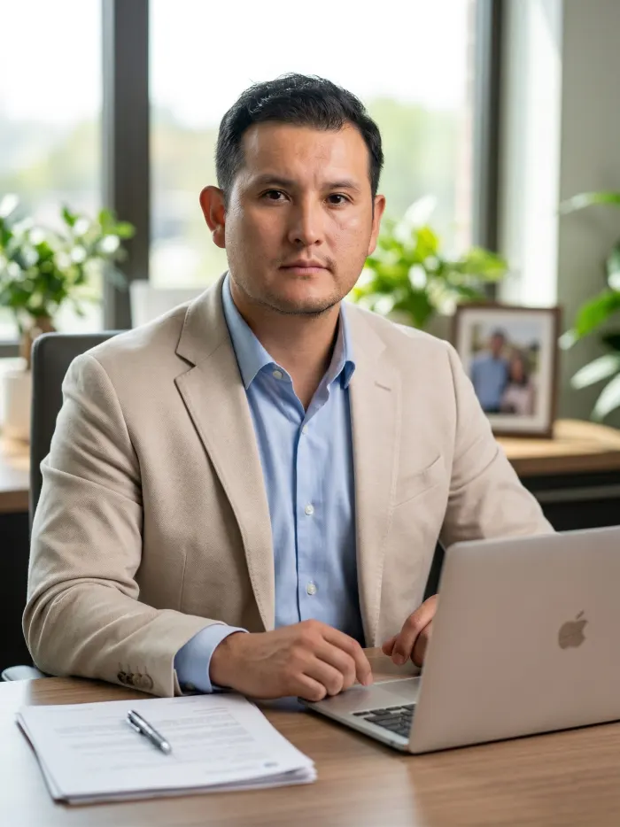 Dennis Alejo at a desk in a bright office with a laptop and a notepad