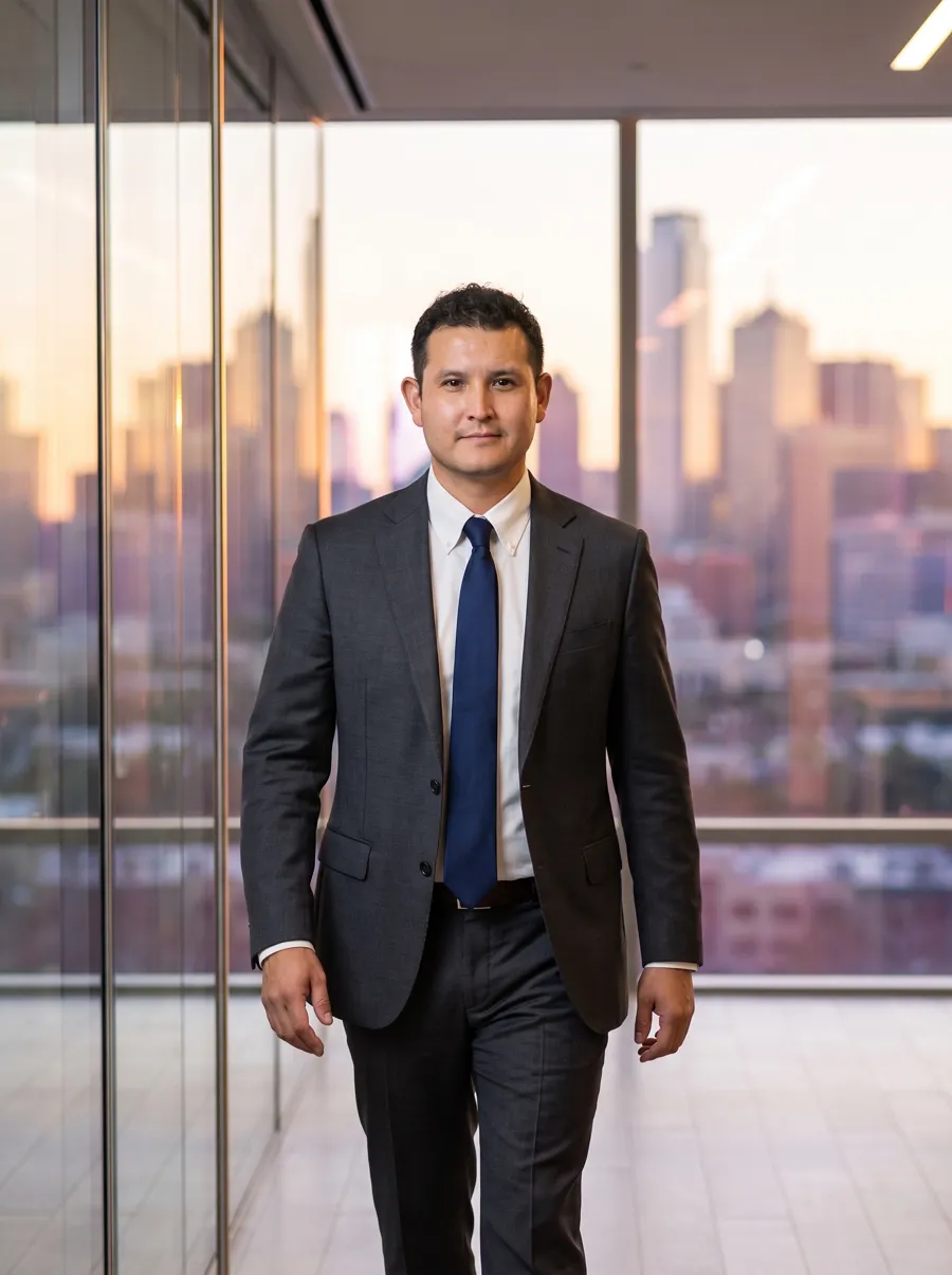 Dennis Alejo as a business consultant in a dark suit in a glass office with a city skyline