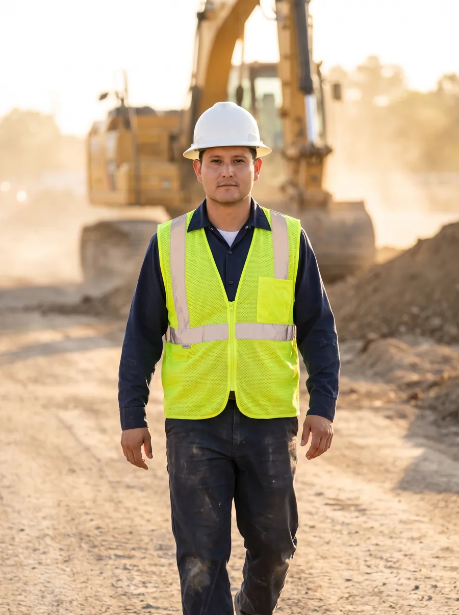 Dennis Alejo as an engineer, wearing a hard hat and hi-vis vest on a road construction site