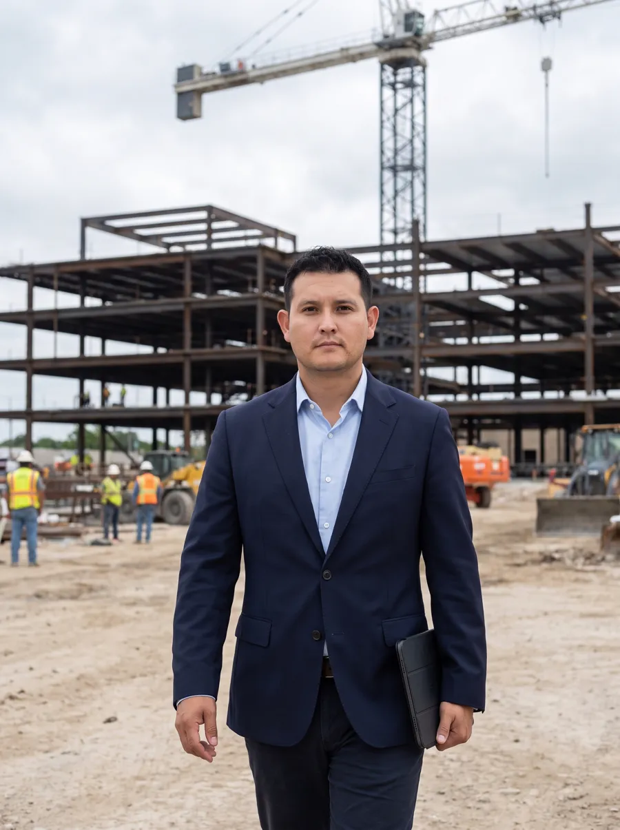Dennis Alejo as a project manager in a navy blazer on a large construction project site